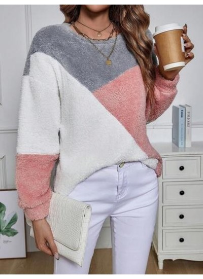 LUNE Color Block Drop Shoulder Fuzzy Sweatshirt Asymmetrical Top - Choose Your