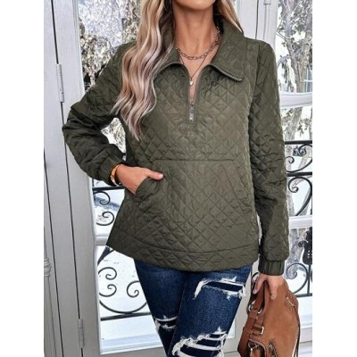 Essnce Women.s Solid Color Kangaroo Pocket Zipper Half Placket Sweatshirt - Cho