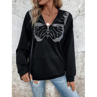 LUNE Butterfly Print Kangaroo Pocket Drop Shoulder Half Zip Hoodie - Choose You