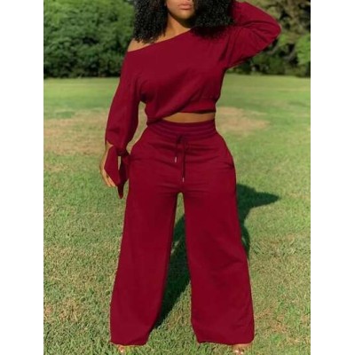 SXY Women.s Two-Piece Set Of Oblique Shoulder Sweatshirt And Drawstring Waist P