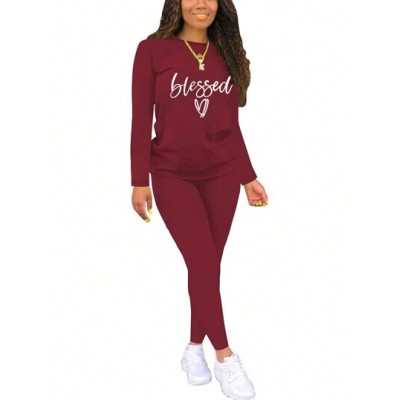 Letter & Heart Print Round Neck Sweatshirt And Pants Set - Choose Your Size