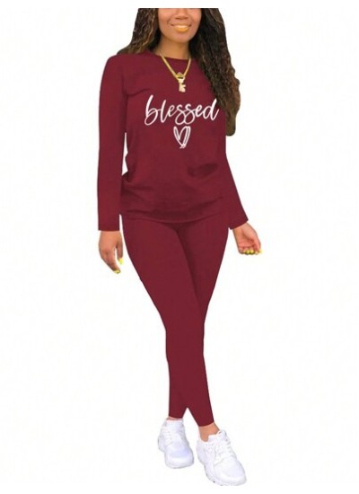 Letter & Heart Print Round Neck Sweatshirt And Pants Set - Choose Your Size