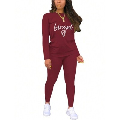 Letter & Heart Print Round Neck Sweatshirt And Pants Set - Choose Your Size