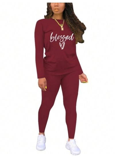 Letter & Heart Print Round Neck Sweatshirt And Pants Set - Choose Your Size