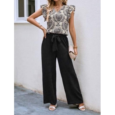 LUNE Graphic Print Ruffle Trim Top & Belted Pants - Choose Your Size