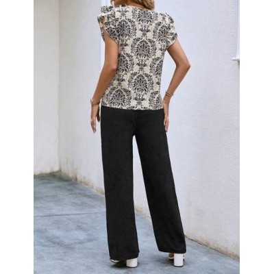 LUNE Graphic Print Ruffle Trim Top & Belted Pants - Choose Your Size