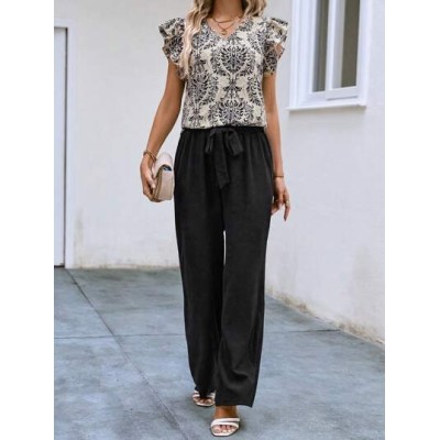 LUNE Graphic Print Ruffle Trim Top & Belted Pants - Choose Your Size