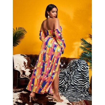 SXY Marine Life and Striped Print Off Shoulder Bell Sleeve Tie Front Crop Top &