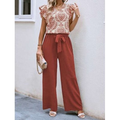 LUNE Women.s Two Piece Set With Plant Print Ruffle Sleeve Top And Pants - Choos