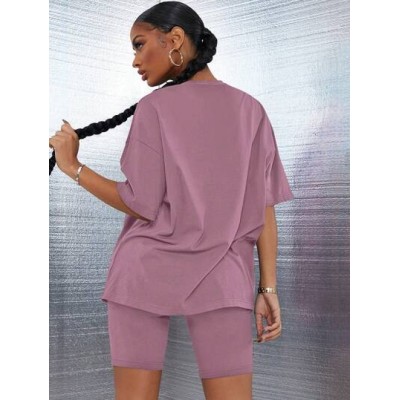 SXY Knitted Casual Solid Color Round Neck Batwing Short Sleeve Top And Shorts -