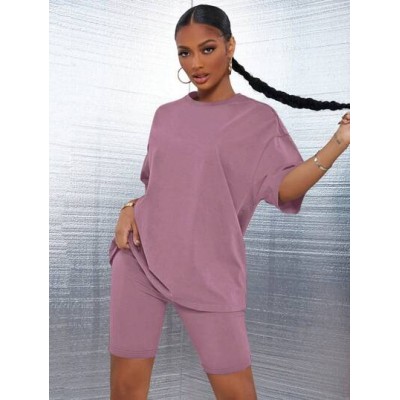 SXY Knitted Casual Solid Color Round Neck Batwing Short Sleeve Top And Shorts -