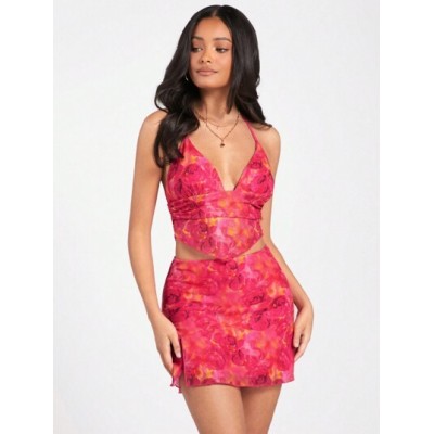 Floral Print Romantic And Sexy Halter Neck Vest And Short Skirt Set - Choose Yo