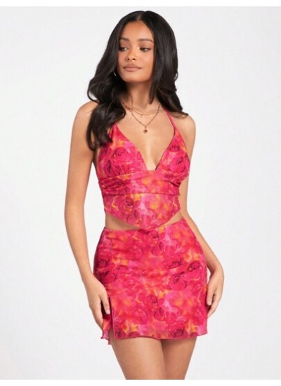 Floral Print Romantic And Sexy Halter Neck Vest And Short Skirt Set - Choose Yo