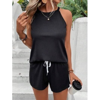 Essnce Solid Color Square Neck Casual Tank Top And Shorts Simple And Versatile