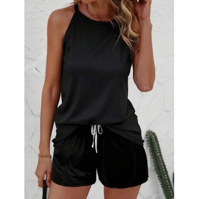 Essnce Solid Color Square Neck Casual Tank Top And Shorts Simple And Versatile