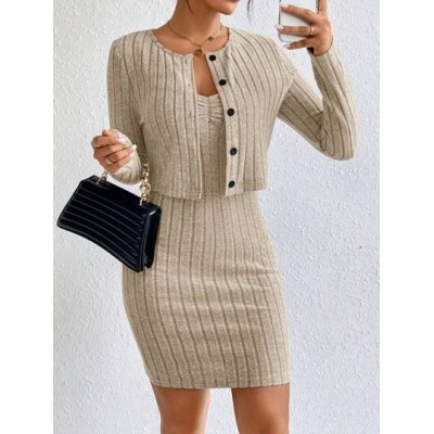 Essnce Solid Ribbed Knit Bodycon Dress & Button Front Tee - Choose Your Size