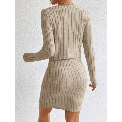 Essnce Solid Ribbed Knit Bodycon Dress & Button Front Tee - Choose Your Size