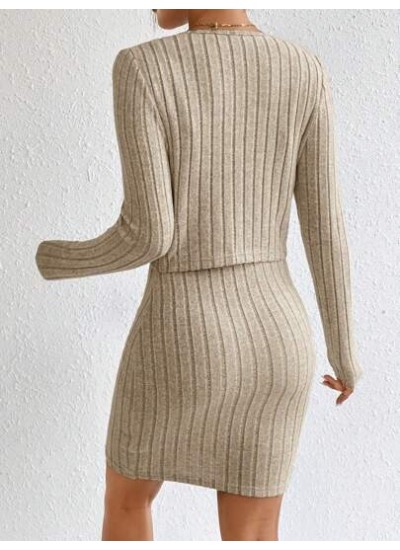 Essnce Solid Ribbed Knit Bodycon Dress & Button Front Tee - Choose Your Size