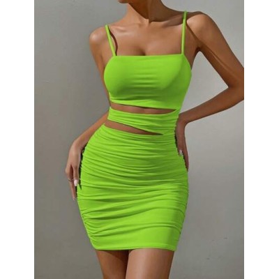 Privé Women.s Neon Green Cut-Out Pleated Cami Dress With Waist Cut-Out Details