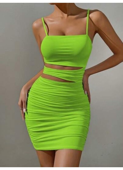 Privé Women.s Neon Green Cut-Out Pleated Cami Dress With Waist Cut-Out Details