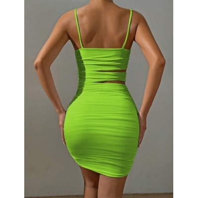 Privé Women.s Neon Green Cut-Out Pleated Cami Dress With Waist Cut-Out Details