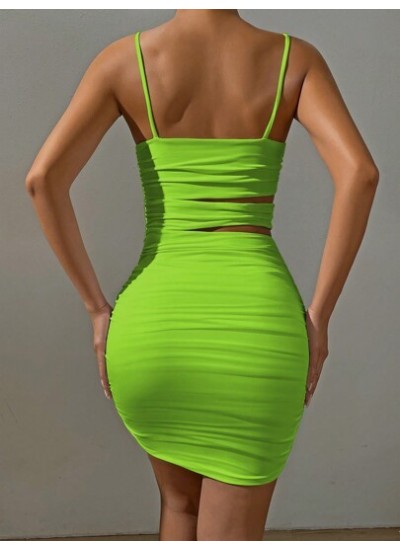 Privé Women.s Neon Green Cut-Out Pleated Cami Dress With Waist Cut-Out Details