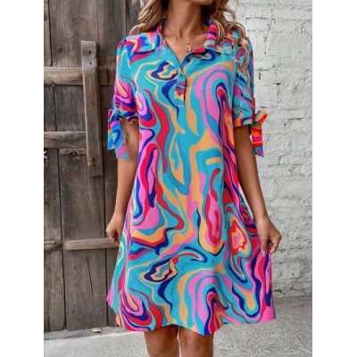 Clasi Women.s Marble Printed Sleeve Tied Belted Dress - Choose Your Size