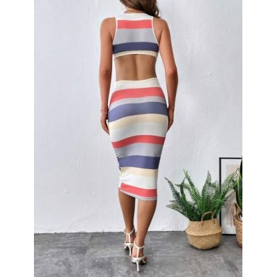 Privé Striped Print Cut Out Backless Bodycon Dress - Choose Your Size