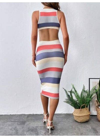 Privé Striped Print Cut Out Backless Bodycon Dress - Choose Your Size