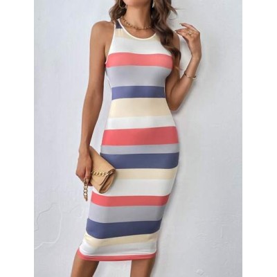 Privé Striped Print Cut Out Backless Bodycon Dress - Choose Your Size