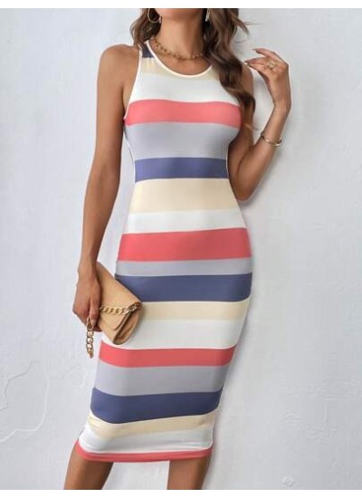 Privé Striped Print Cut Out Backless Bodycon Dress - Choose Your Size