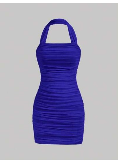 MOD Solid Ruched Halter Bodycon Dress - Choose Your Size