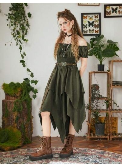 Fairycore Off Shoulder Asymmetrical Hem Dress Without Belt - Choose Your Size