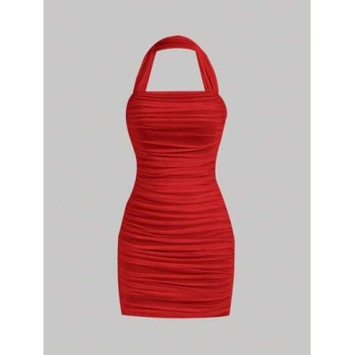 MOD Solid Ruched Halter Bodycon Dress - Choose Your Size