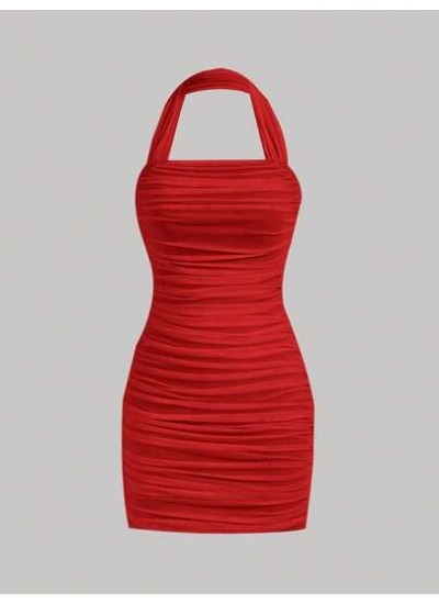 MOD Solid Ruched Halter Bodycon Dress - Choose Your Size