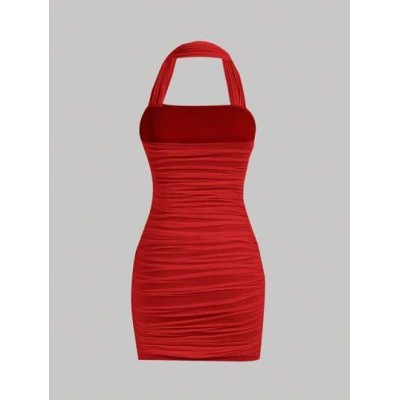 MOD Solid Ruched Halter Bodycon Dress - Choose Your Size