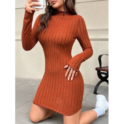 EZwear Khaki Knitted Sheath Women.s Long Sleeve Dress - Choose Your Size