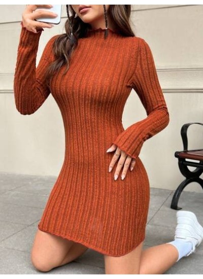 EZwear Khaki Knitted Sheath Women.s Long Sleeve Dress - Choose Your Size