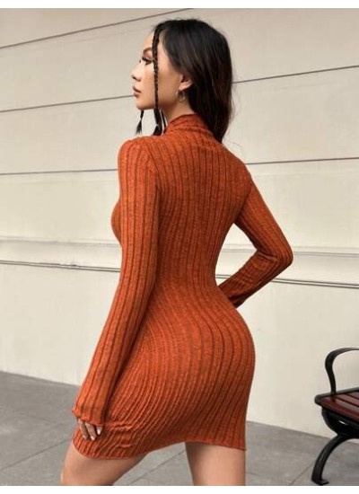 EZwear Khaki Knitted Sheath Women.s Long Sleeve Dress - Choose Your Size