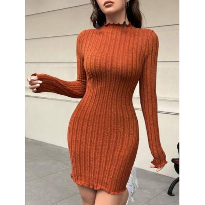 EZwear Khaki Knitted Sheath Women.s Long Sleeve Dress - Choose Your Size