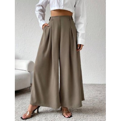 Essnce Women High Waisted Fold Pleated Wide Leg Pants With Slant Pockets - Choo