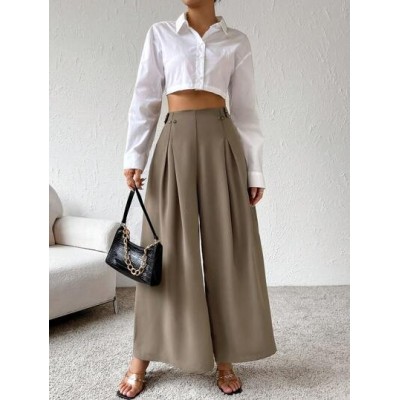 Essnce Women High Waisted Fold Pleated Wide Leg Pants With Slant Pockets - Choo