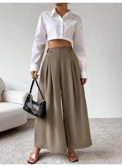 Essnce Women High Waisted Fold Pleated Wide Leg Pants With Slant Pockets - Choo