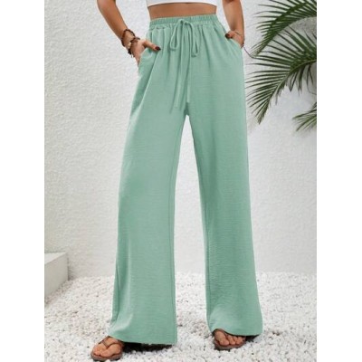 LUNE Solid Color Elastic Waist Belted Straight Pants - Choose Your Size