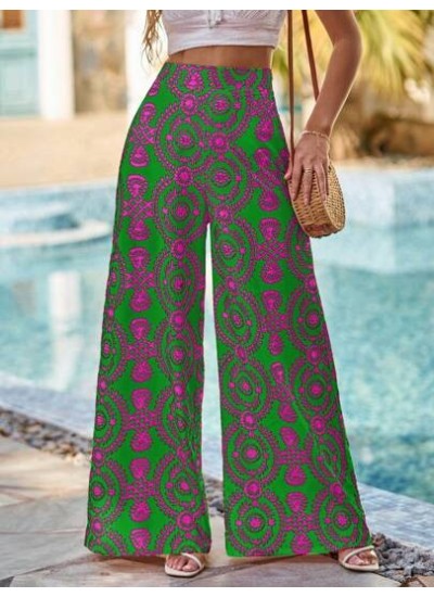 VCAY Women Beach Vacation Flower Print High-Waisted Wide-Leg Loose Pants - Choo