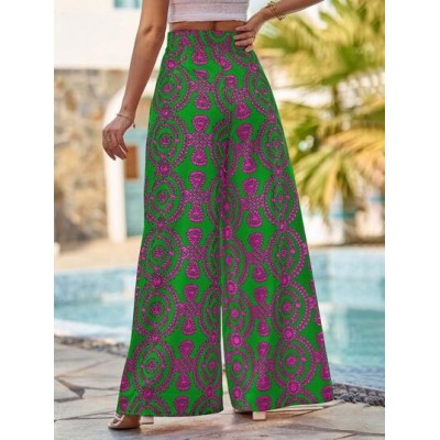 VCAY Women Beach Vacation Flower Print High-Waisted Wide-Leg Loose Pants - Choo