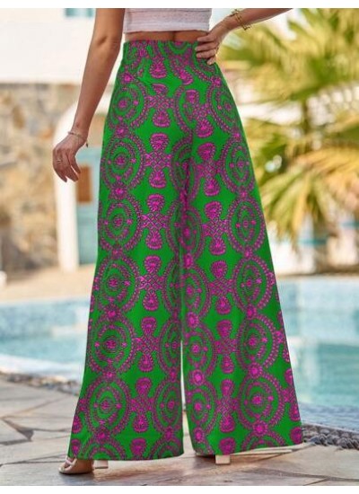 VCAY Women Beach Vacation Flower Print High-Waisted Wide-Leg Loose Pants - Choo