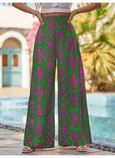 VCAY Women Beach Vacation Flower Print High-Waisted Wide-Leg Loose Pants - Choo