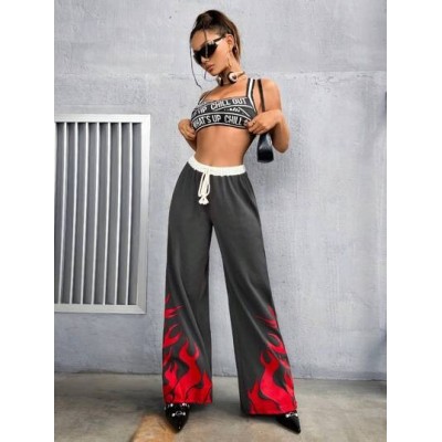 ICON Women.s Y2k Grey Drawstring Waist Flame Printed Sweatpants - Choose Your S