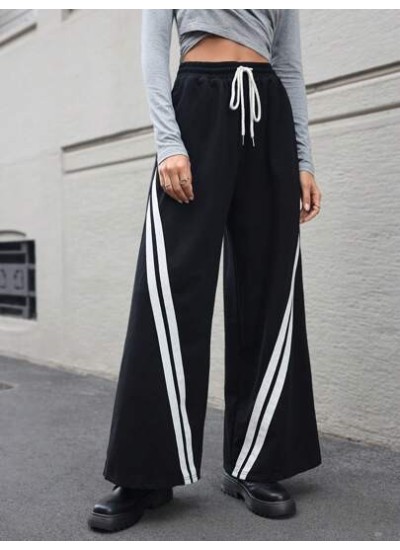 Essnce Contrast Tape Drawstring Waist Wide Leg Sweatpants - Choose Your Size